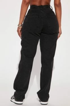 Fashion Nova Straight Leg Jeans Take A Peek Cut Out High Rise Straight Leg Jean - Black Wash