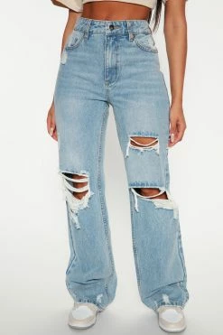Fashion Nova Get Wild Ripped Straight Leg Jeans - Light Blue Wash