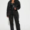 Fashion Nova Amethyst Glow Embellished Straight Leg Jeans - Black
