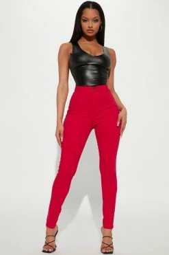 Fashion Nova Super High Waist Denim Skinnies - Magenta Skinny Jeans