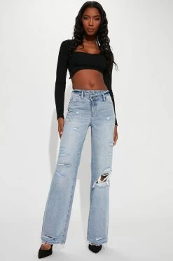 Fashion Nova Tall Only Angel Crossover Straight Leg Jeans - Medium Blue Wash