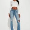 Fashion Nova Tall Jessie Mid Rise Distressed Bootcut Jean - Light Blue Wash Skinny Jeans