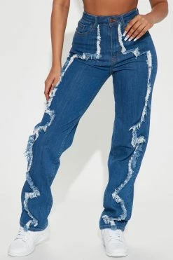 Fashion Nova Fray My Name High Rise Straight Leg Jeans - Medium Blue Wash