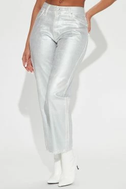 Fashion Nova Silver Lining Coated Straight Leg Jeans - Silver