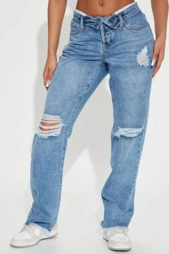 Fashion Nova Do As You're Fold Straight Leg Jeans - Medium Blue Wash