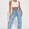 Fashion Nova Checked Fray Straight Leg Jeans - Medium Wash