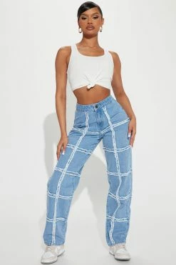 Fashion Nova Checked Fray Straight Leg Jeans - Medium Wash