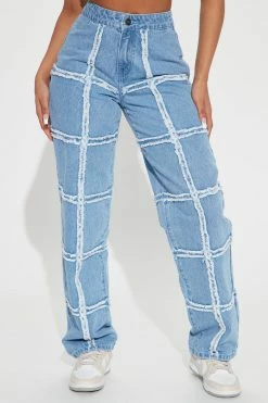Fashion Nova Checked Fray Straight Leg Jeans - Medium Wash