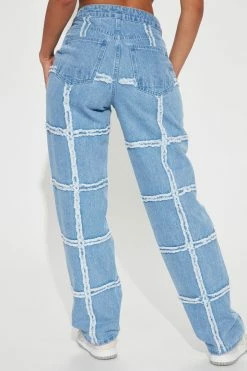 Fashion Nova Checked Fray Straight Leg Jeans - Medium Wash