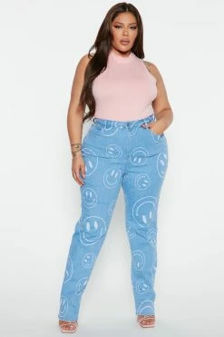 Fashion Nova Silly Smiles High Waisted Straight Leg Jeans - Light Blue Wash