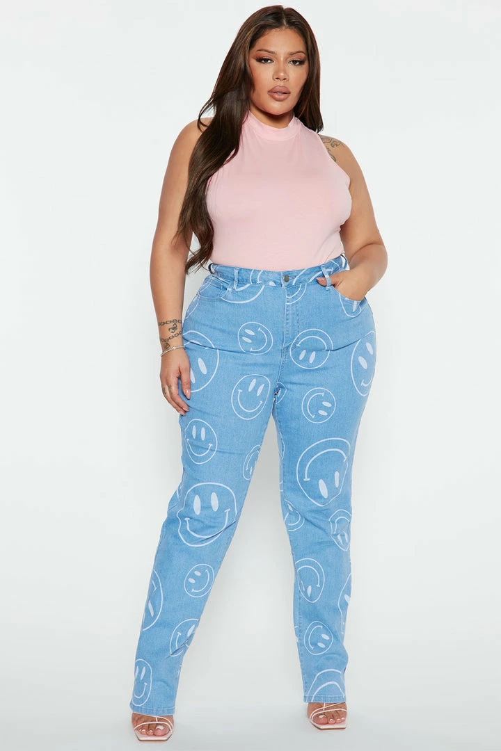 Fashion Nova Silly Smiles High Waisted Straight Leg Jeans - Light Blue Wash