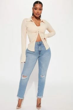 Fashion Nova Daily Double Low Stretch Ripped Mom Jeans - Medium Blue Wash