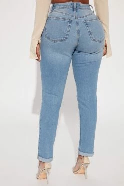 Fashion Nova Daily Double Low Stretch Ripped Mom Jeans - Medium Blue Wash