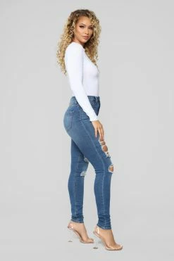 Fashion Nova Main Squeeze High Rise Distressed Jeans - Medium Blue Wash Skinny Jeans