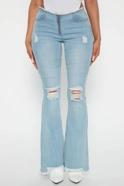 Fashion Nova Flare Jeans Britney Low Rise Ripped Flared Jeans - Light Blue Wash