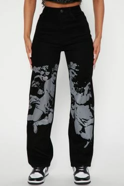Fashion Nova Stephie Angel Printed Straight Leg Jean - Black Straight Leg Jeans