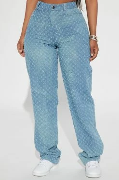 Fashion Nova Real Groove Punctured Straight Leg Jeans - Medium Blue Wash