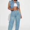 Fashion Nova Real Groove Punctured Straight Leg Jeans - Medium Blue Wash