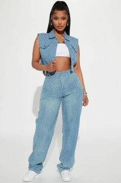 Fashion Nova Real Groove Punctured Straight Leg Jeans - Medium Blue Wash