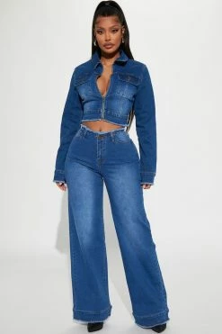 Fashion Nova Flare Jeans Superficial Cut-Off Waistband Wide Leg Jeans - Dark Wash