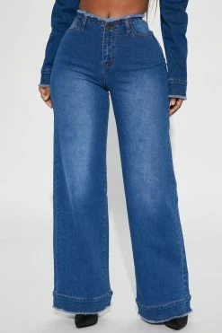 Fashion Nova Flare Jeans Superficial Cut-Off Waistband Wide Leg Jeans - Dark Wash