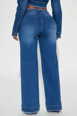 Fashion Nova Flare Jeans Superficial Cut-Off Waistband Wide Leg Jeans - Dark Wash