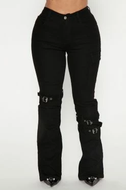 Fashion Nova Buckled Up Cargo Flare Jeans - Black