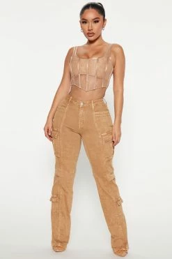 Fashion Nova Straight Leg Jeans Main Squeeze Mid Rise Straight Leg Cargo Jeans - Khaki