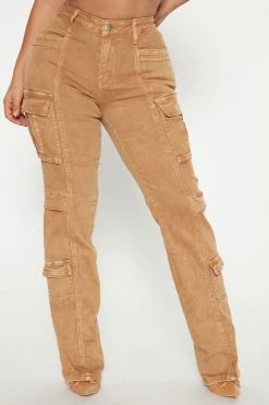 Fashion Nova Straight Leg Jeans Main Squeeze Mid Rise Straight Leg Cargo Jeans - Khaki