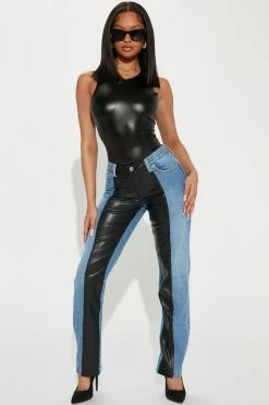 Fashion Nova Franky Faux Leather And Denim Low Rise Straight Leg Jeans - Medium Blue Wash