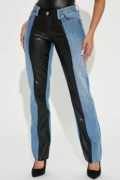 Fashion Nova Franky Faux Leather And Denim Low Rise Straight Leg Jeans - Medium Blue Wash