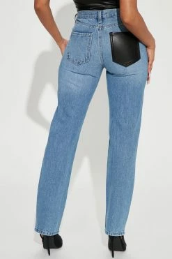 Fashion Nova Franky Faux Leather And Denim Low Rise Straight Leg Jeans - Medium Blue Wash