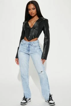 Fashion Nova Crossed Out Straight Leg Jeans - Light Blue Wash