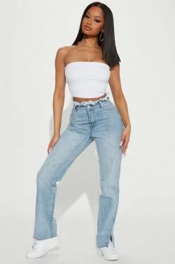 Fashion Nova Cut Off Waistband Straight Leg Jeans - Medium Wash
