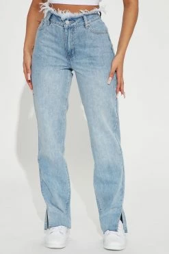 Fashion Nova Cut Off Waistband Straight Leg Jeans - Medium Wash