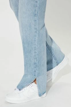 Fashion Nova Cut Off Waistband Straight Leg Jeans - Medium Wash