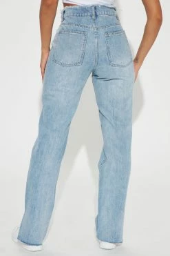 Fashion Nova Cut Off Waistband Straight Leg Jeans - Medium Wash