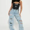 Fashion Nova Melissa Ripped Straight Leg Jean - Light Blue Wash Straight Leg Jeans