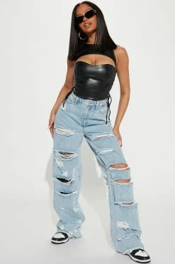 Fashion Nova Melissa Ripped Straight Leg Jean - Light Blue Wash Straight Leg Jeans