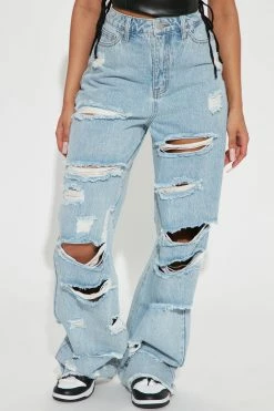 Fashion Nova Melissa Ripped Straight Leg Jean - Light Blue Wash Straight Leg Jeans