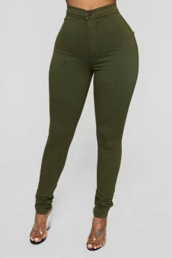 Fashion Nova Super High Waist Denim Skinnies - Olive
