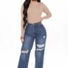 Fashion Nova We Belong Together Distressed Nova Denim Boyfriend Jeans - Medium Blue Wash Straight Leg Jeans