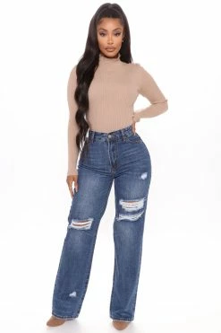 Fashion Nova We Belong Together Distressed Nova Denim Boyfriend Jeans - Medium Blue Wash Straight Leg Jeans