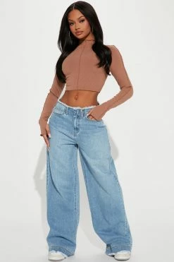 Fashion Nova In Your Dreams Cut Off Waistband Baggy Jean - Medium Wash Flare Jeans