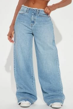 Fashion Nova In Your Dreams Cut Off Waistband Baggy Jean - Medium Wash Flare Jeans