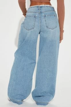 Fashion Nova In Your Dreams Cut Off Waistband Baggy Jean - Medium Wash Flare Jeans