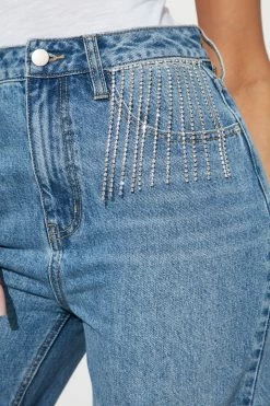Fashion Nova Straight Leg Jeans Diamante Embellished Straight Leg Jean - Medium Wash