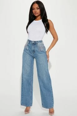 Fashion Nova Straight Leg Jeans Diamante Embellished Straight Leg Jean - Medium Wash