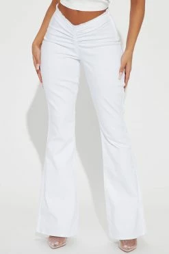 Fashion Nova Heart Breaker V Front Ruched Flare Jeans - White