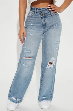 Fashion Nova Petite Only Angel Crossover Straight Leg Jeans - Medium Blue Wash Skinny Jeans
